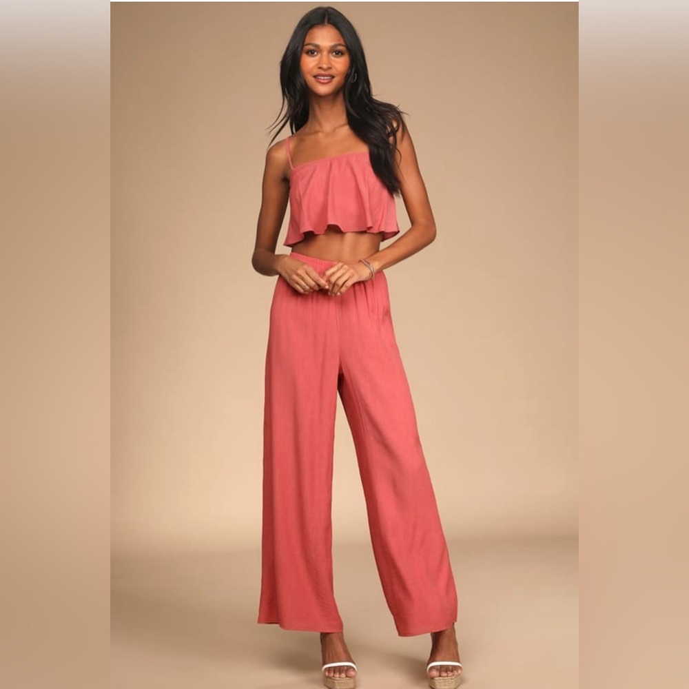 Lulu’s Just Want To Have Sun Coral Pink Wide-Leg Two-Piece Jumpsuit